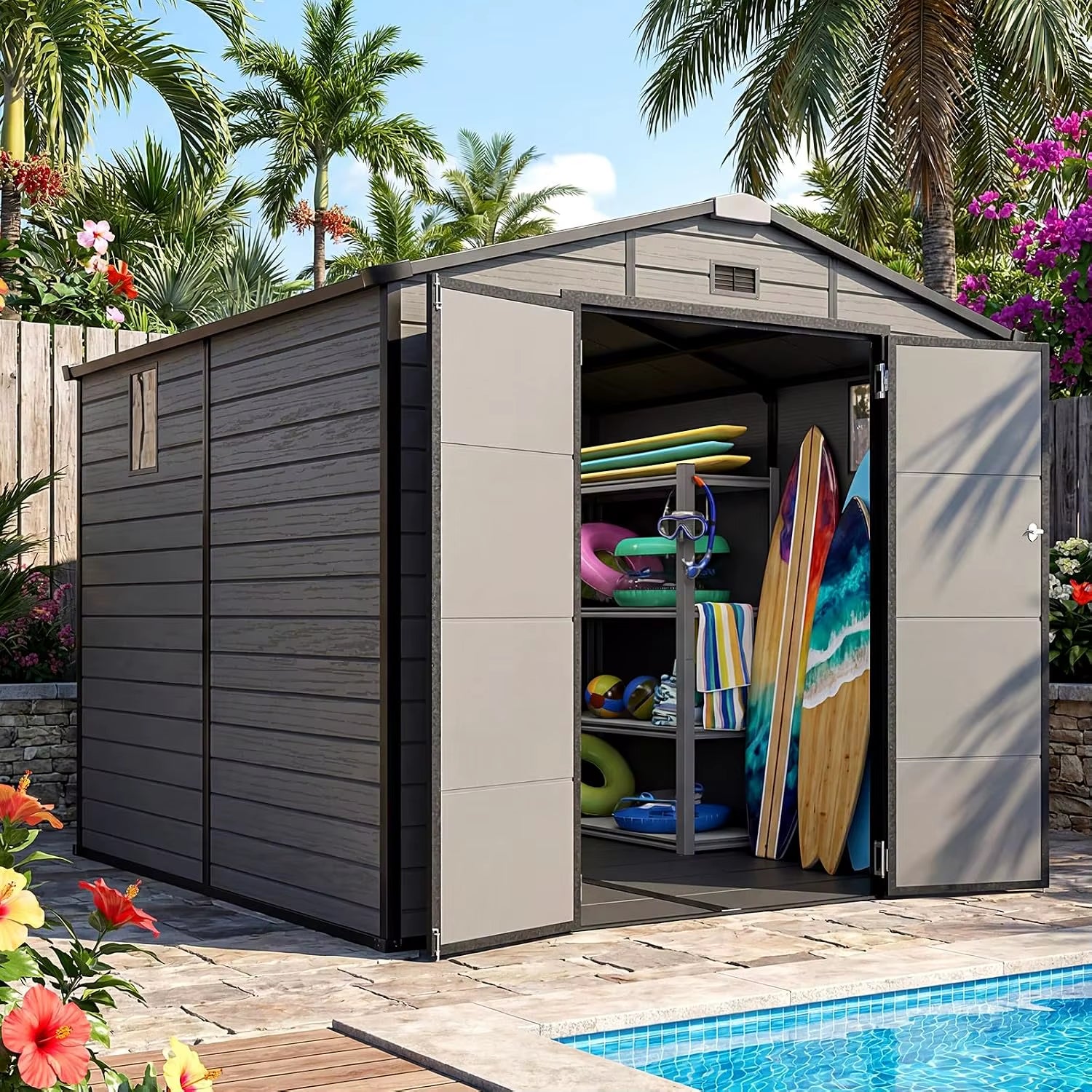 354d96c2f7e7988c3054a715640fbe87 8X8 FT Resin Outdoor Storage Shed with Floor, Plastic Storage Shed with Window & Vent, Lockable Door, Heavy Duty, Customized