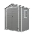 6x4 ft Outdoor Resin Storage Shed with Floor, Lockable Double Doors, Window & Vent, Double-Wall Garden Tool Shed, Gray & White - Image 4