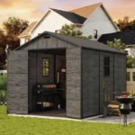 8x10 ft Outdoor Resin Storage Shed with Floor, Lockable Double Doors, Windows & Air Vent, Wood-Grain Plastic Garden Tool Shed, Gray
