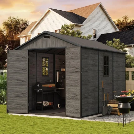 8x10 ft Outdoor Resin Storage Shed with Floor, Lockable Double Doors, Windows & Air Vent, Wood-Grain Plastic Garden Tool Shed, Gray