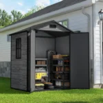 6x4 ft Outdoor Resin Storage Shed with Floor, Lockable Double Doors, Window & Vent, Double-Wall Wood-Grain Garden Tool Shed, Dark Gray - Image 2