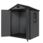 6x4 ft Outdoor Resin Storage Shed with Floor, Lockable Double Doors, Window & Vent, Double-Wall Wood-Grain Garden Tool Shed, Dark Gray - Image 3