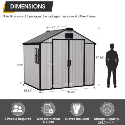 8 X 6 FT Plastic Garden Shed with Lockable Door and Floor, Outdoor Plastic Storage Shed with Windows, Resin Storage, Customized